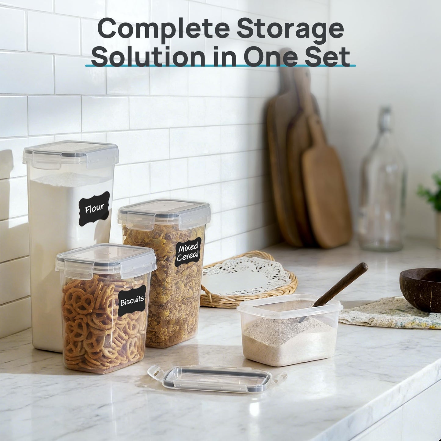 Vtopmart Airtight Food Storage Containers with Lids, 24 pcs Plastic Kitchen and Pantry Organization Canisters for Cereal, Dry Food, Flour and Sugar, BPA Free, Includes 24 Labels，Gray