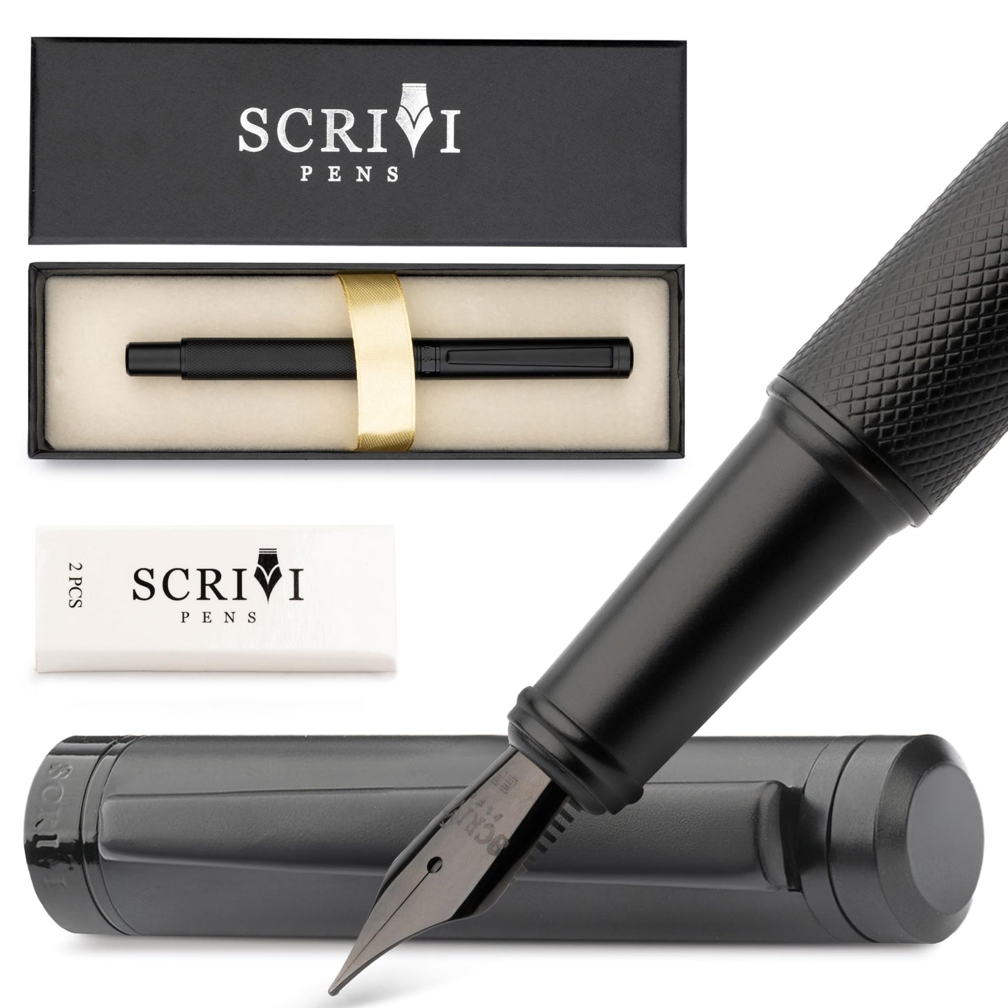 SCRIVI PENS Luxury Fountain Pen Set-[Black] Fountain Pens for Writing - Smooth Medium Nib - Includes Refillable Ink Converter, 5 Ink Cartridges [Black & Blue], Gift Box - Elegant Calligraphy