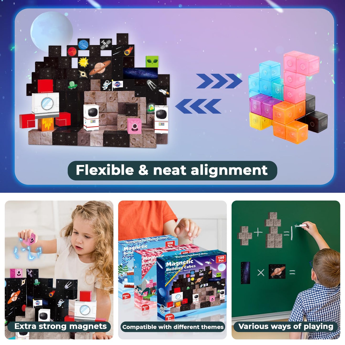 Goody King 100PCS Space Rocket Magnetic Building Blocks |Space Adventure Magnetic Blocks Set, STEM Montessori Stacking Toy, Building Playsets for Boys and Girls Ages 3-10,Sensory Tile Easter Gifts