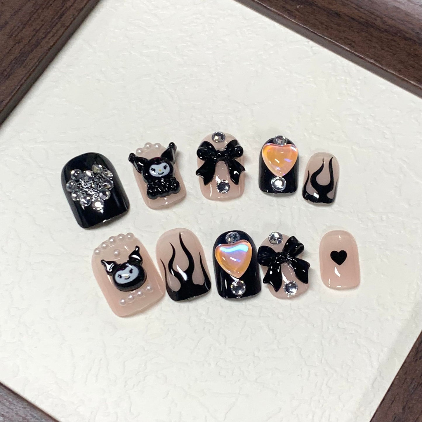 BABALAL Press on False Nails Short Square Fake Nails Black Goth Glue on Acrylic Anime Charm Cute Y2k Design Bow Heart Handmade Supplies 24Pcs Luxury Full Cover Kawaii Nails