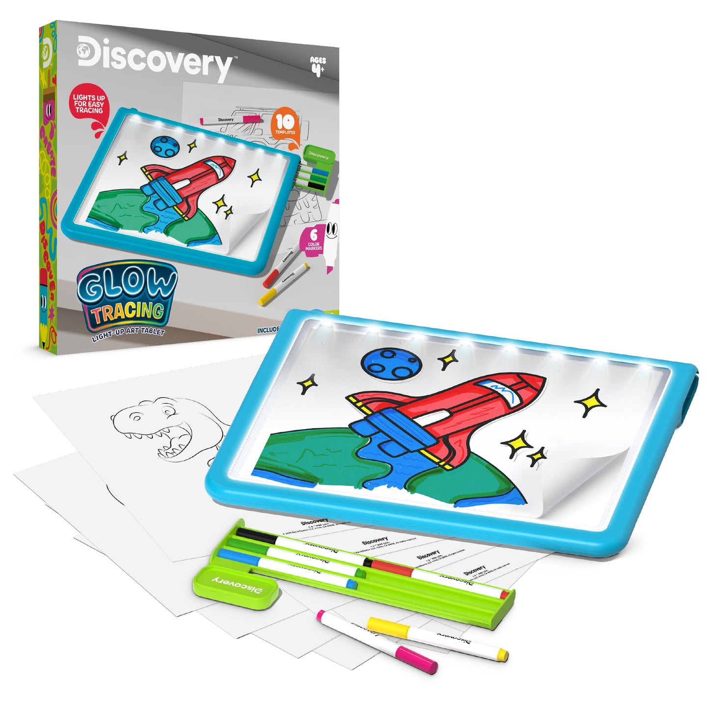 Discovery™ Glow Tracing Light-Up Art Tablet – Includes 10 Templates, 10 Blank Sheets, 6 Washable Markers| Writing Drawing Tablet for Kids| Craft Kit for Boys Girls| Doodle Board Drawing Pad Toy Gift