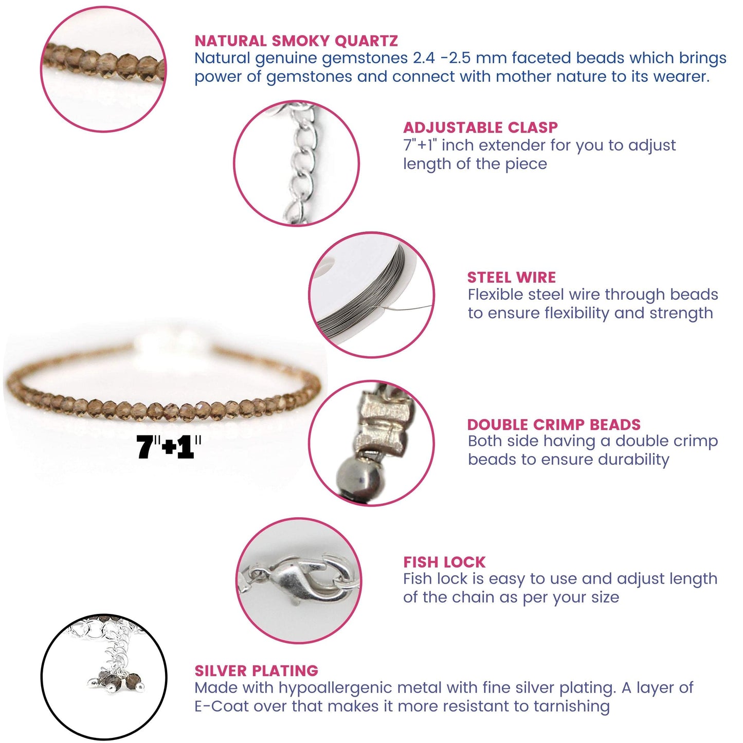 Gempires Smoky Quartz Bracelet for Women | Handmade Dainty Gemstone Beaded Bracelet 2.5 mm | Adjustable Silver Plated Minimalist Jewelry | Lightweight Everyday Bracelet | Elegant Gift for Her
