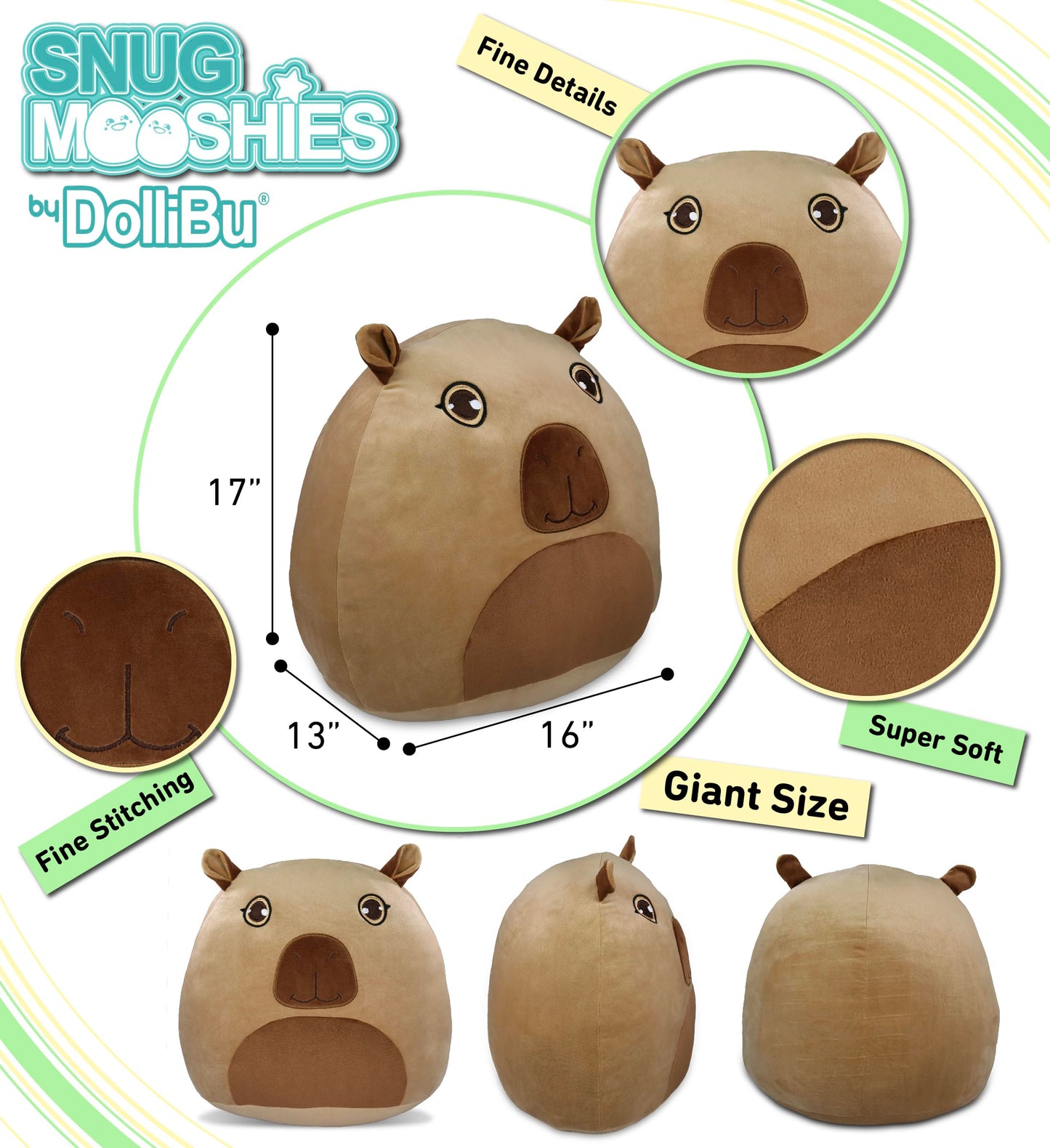 DolliBu Snug Mooshies Capybara Stuffed Animal Plush Toy - Large Cuddly Wild Life Super Squishy Soft Toys, Huggable Big Plush Animals for Girls and Boys, Cute Toy Animal Pillow for Kids - 17 inches