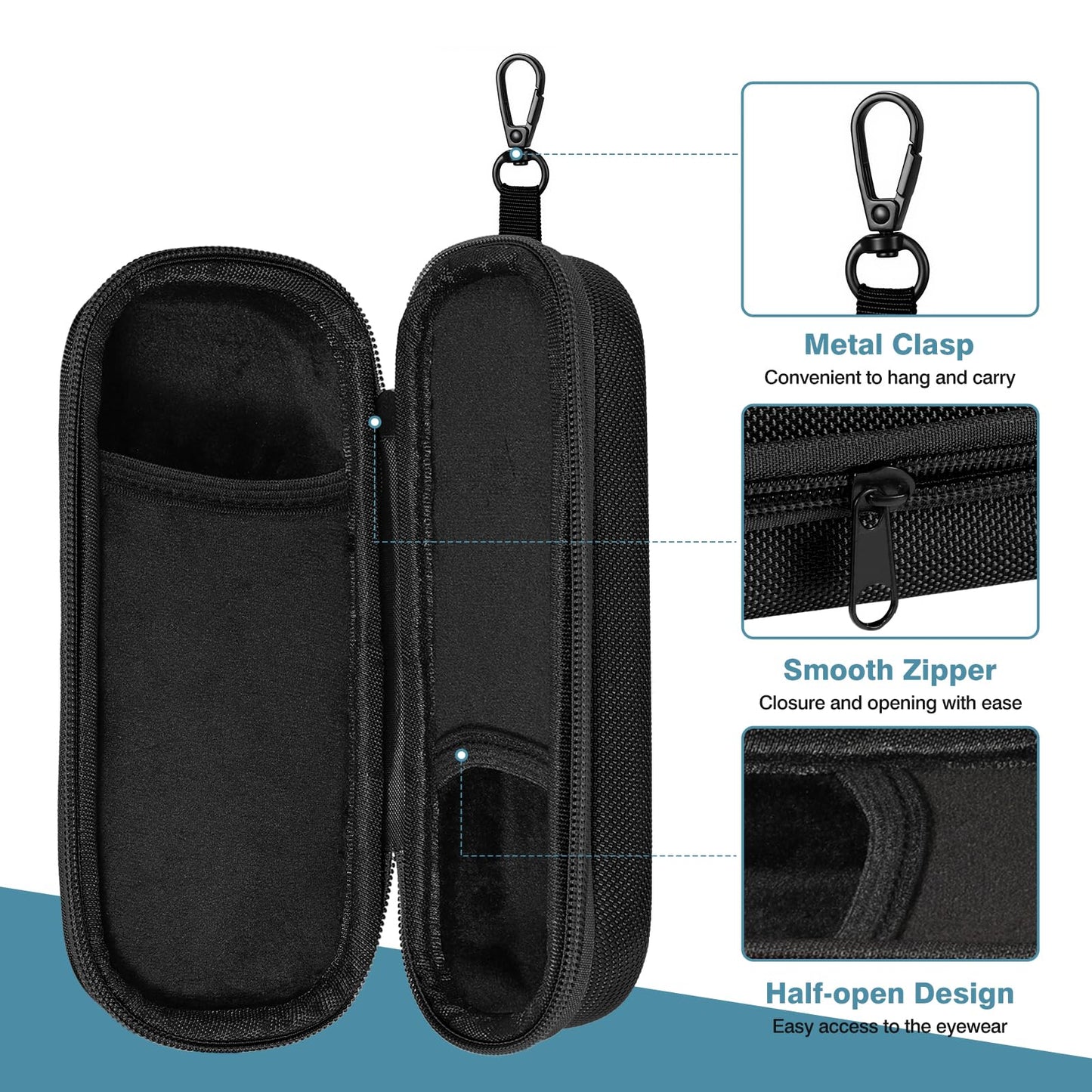 MoKo Double Eyeglass Case, Hard Shell Dual Glasses Case, Portable Travel Sunglass Organizer with Zipper Closure, Eyeglasses Storage Box for Men, Women, Black-Rectangular