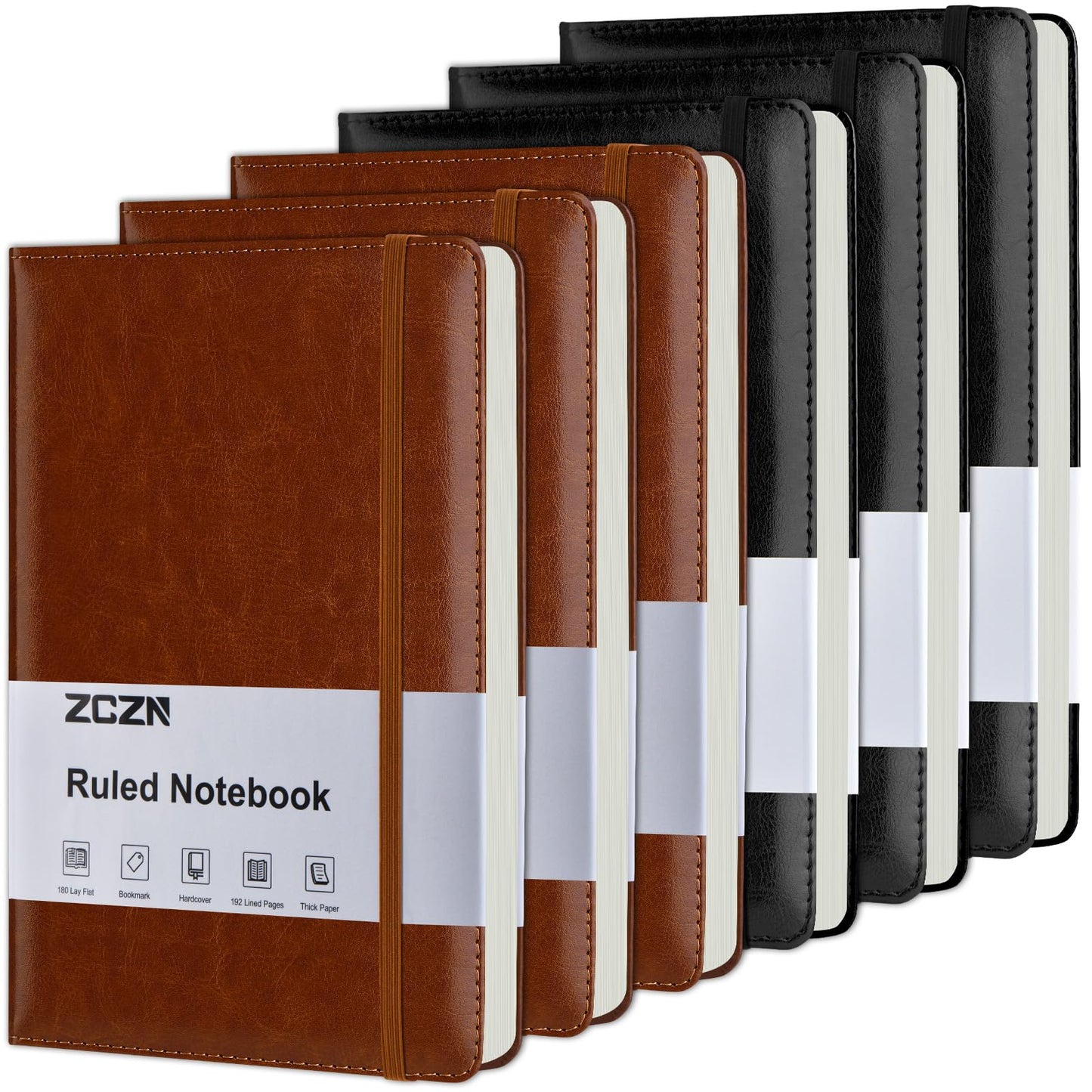 ZCZN 6 Pack Lined Journal Notebooks, 192 Pages A5 Hardcover Leather Journals for Work,Writing,School & Travel, College Ruled Journaling Notebooks for Notes Taking,Diary Notepad (Black*3+Brown*3)