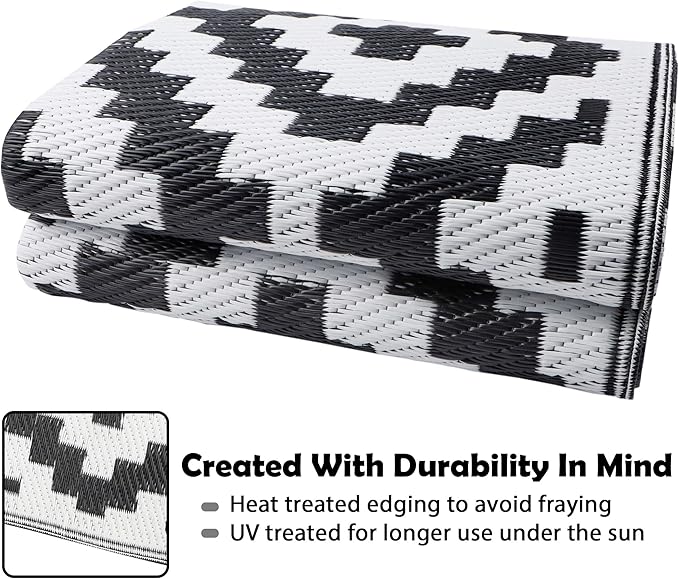 SAND MINE Waterproof Outdoor Rug 5x8 ft, Plastic Reversible Rug, Modern Area Rug, Large Floor Mat for Outdoors, RV, Patio, Backyard, Deck, Picnic, Beach, Camping (5' x 8', Black & White Lattice)