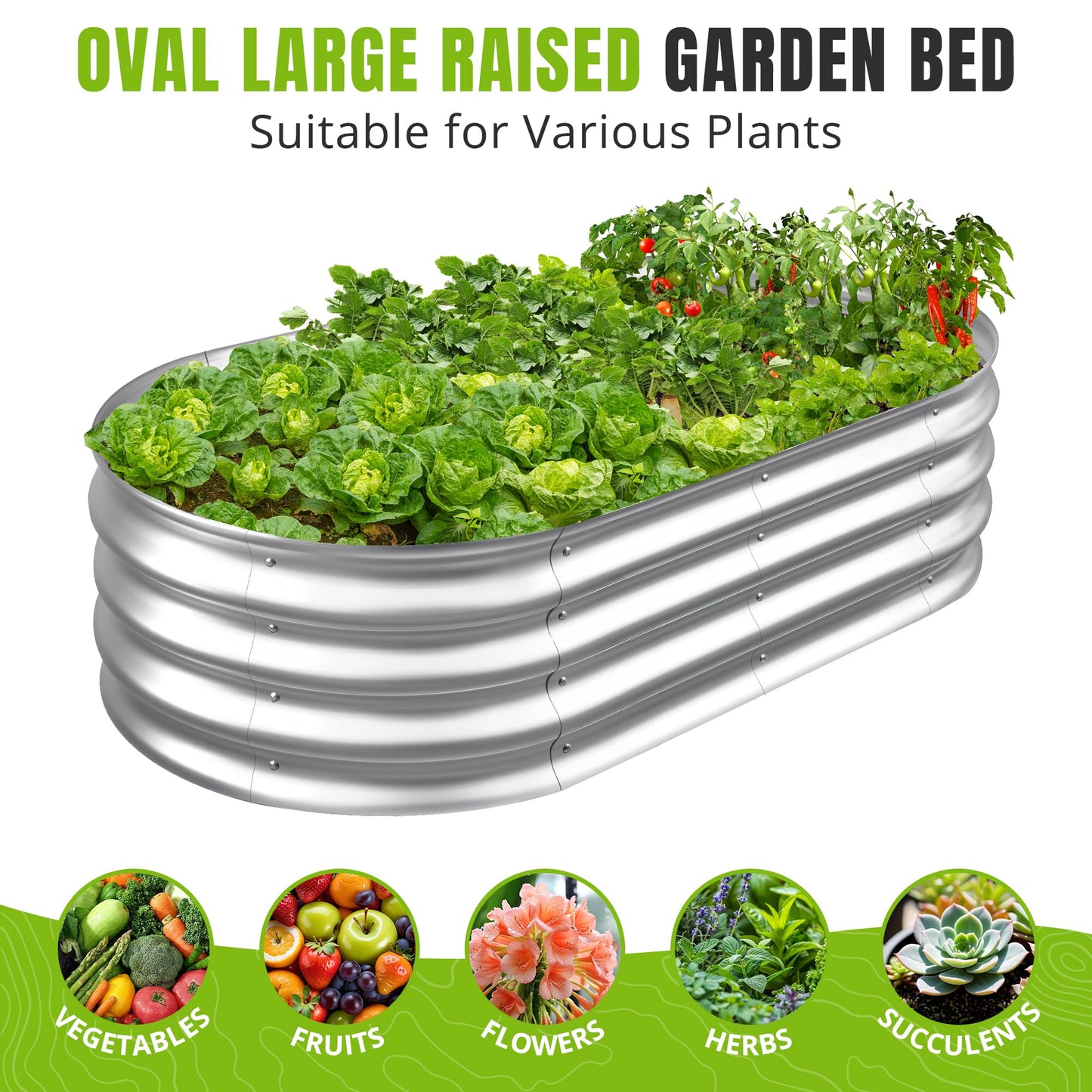Sponvatt Raised Garden Bed - Outdoor Galvanized Raised Garden Bed Planter Boxes, Large Oval Metal for Gardening Planter Box Kit,Suitable for Vegetables,Herbs, and Flowers Silver (4x2x1Ft)