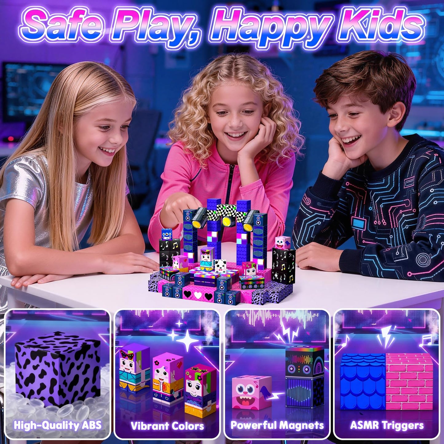 SSAWER Magnetic Blocks, 100PCS Magnetic Building Blocks, Stacking Magnets for Kids, Sensory Toy for STEM Constructions Magnet Blocks for Girls Age 3+, Christmas Birthday Gifts