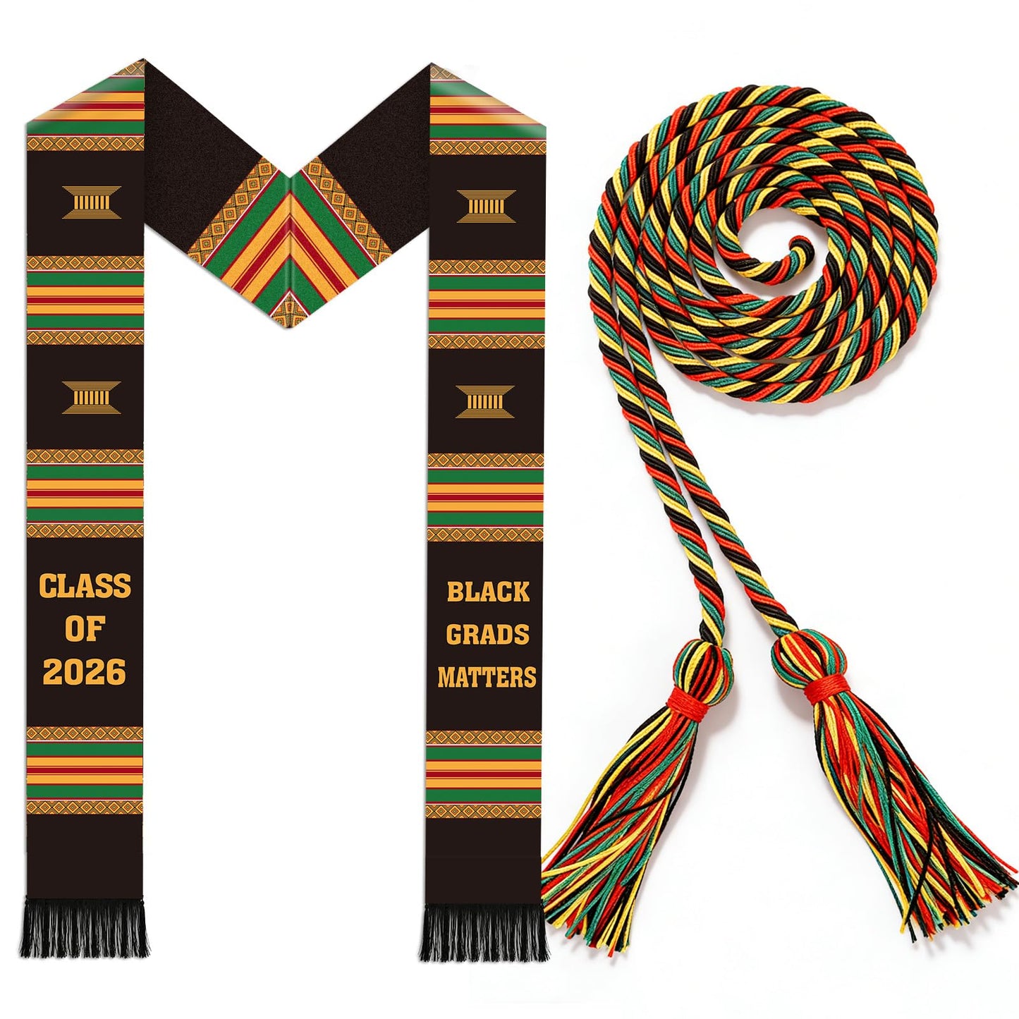 Silkovahamd Black Kente Graduation Stole - Black Grad Matters Class of 2026 Honor Cord Sash for College High School Graduates Academic Ceremony Accessory Gifts