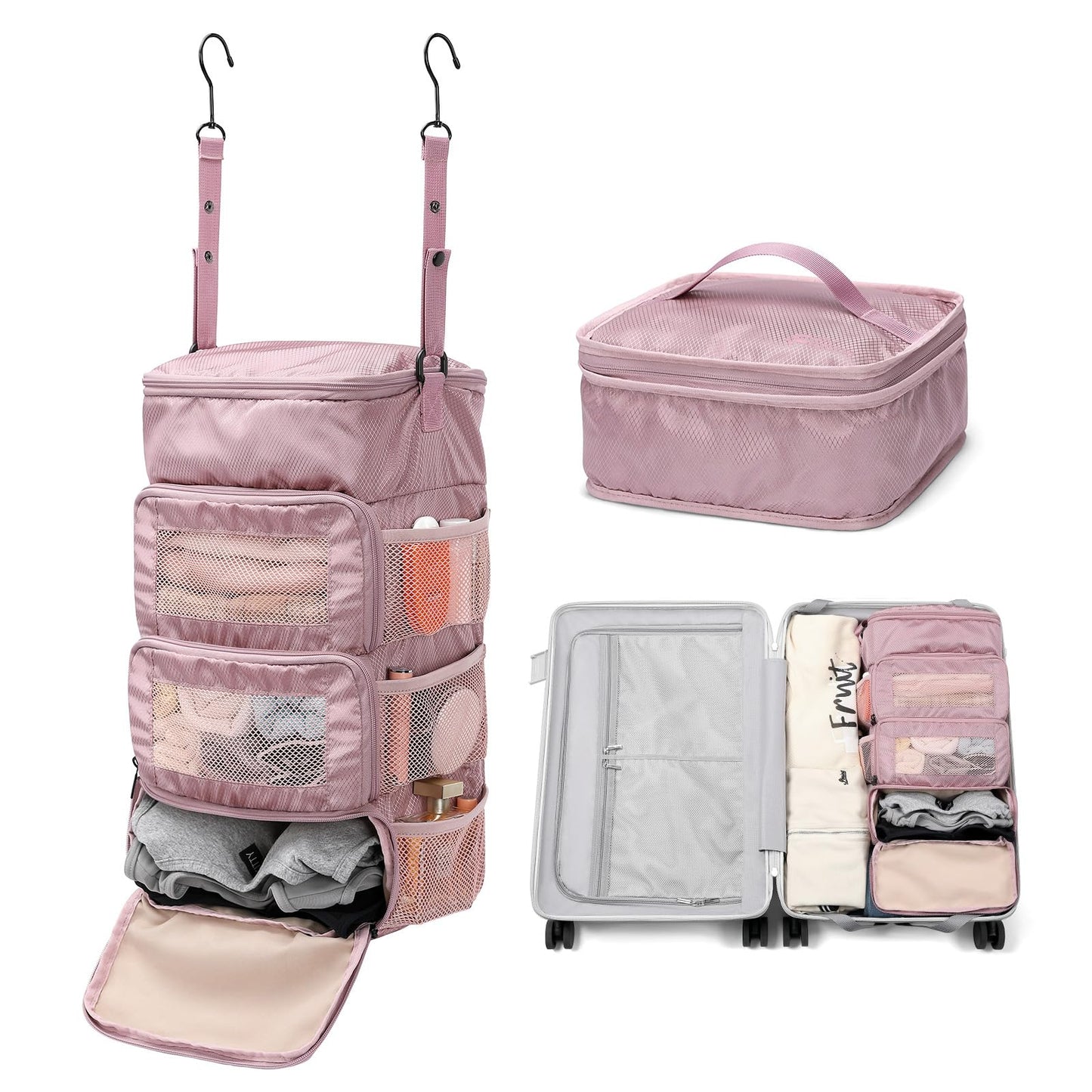 GOLF QUALITY Multi-layer storage bag Casual simple Luggage Packing Organizer with Hook,Clothing Underwear Bag,Carry On Closet,Purple pink
