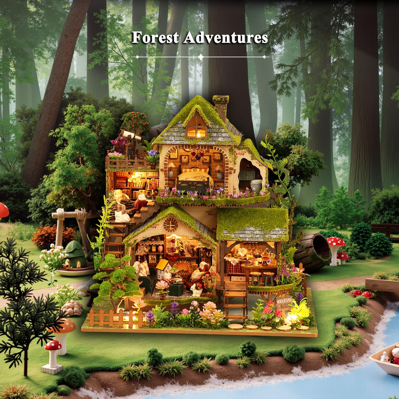 RHZN Miniature House Kit, Dollhouse Kit, Miniature Kit, DIY Mini House Building Kit for Adult, Forest Adventure