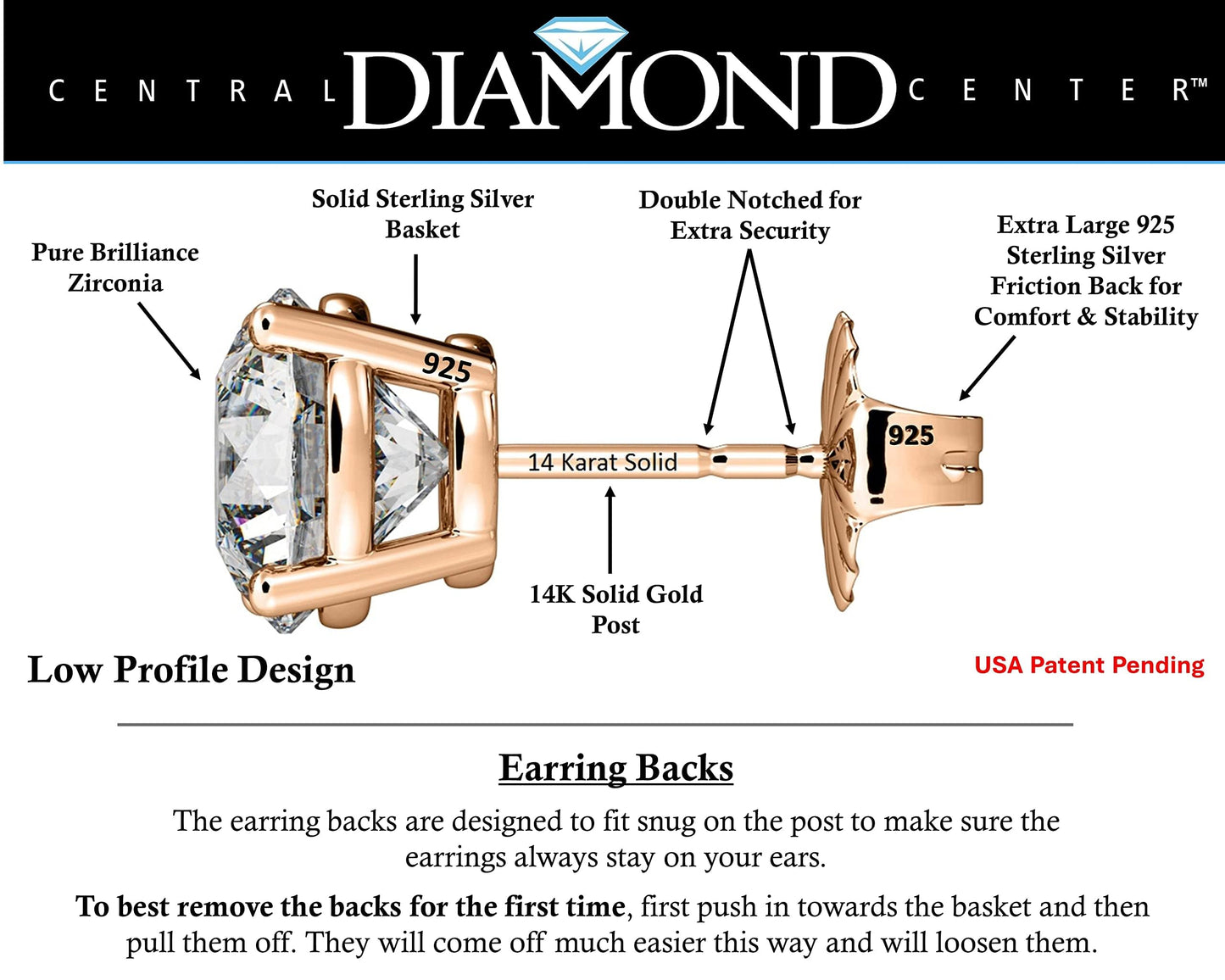 Central Diamond Center 14K Solid Gold Post & Sterling Silver Made with Swarovski 4 Prong CZ Stud Earrings - Rose Gold Plated - 6.50mm - 2.00cttw