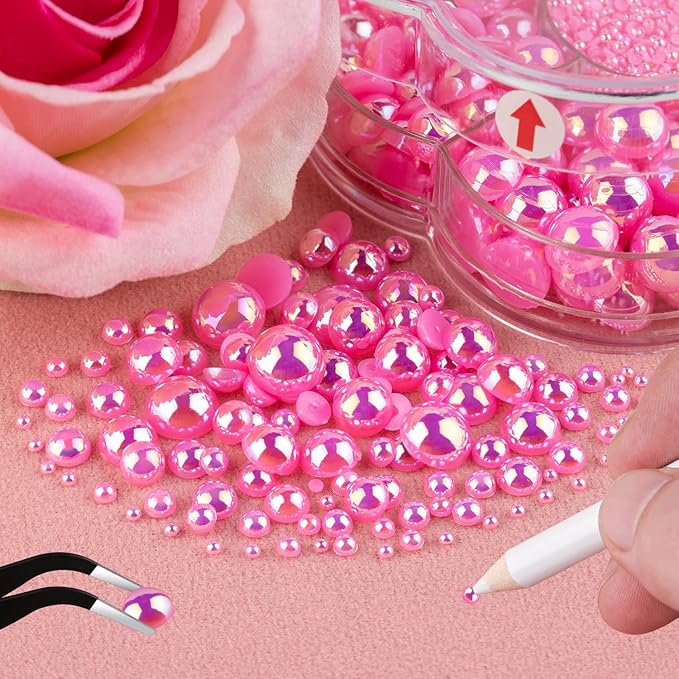 Nail Art Flat Back Half Round Pearl Kits 34, 1 Box of 6000 Pcs Flat-Back Peach AB Pearl with Tweezer and Picker Pencil for Home DIY Nails Body Face Craft and Salon Use