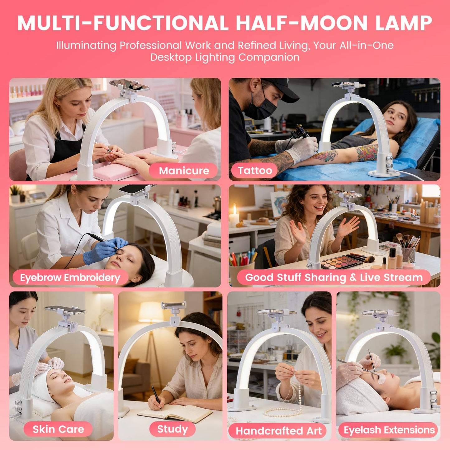 Rosiour Half Moon Light for Nail Desk: 18.5" Half Moon Nail Tech Light with Phone Holder -Shadow-Free Arch Nail Table Lamp with with 3 Color Modes & 10 Brightness for Manicure Salon (White, 18inch)