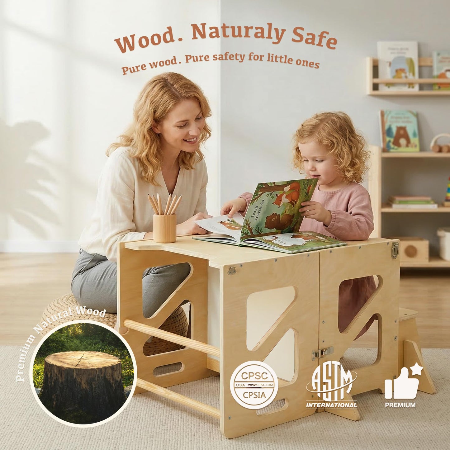 Toddler Kitchen Stool, 4 in 1 Foldable Toddler Tower with Anti-tip Structure, Montessori Learning Standing Tower for Kitchen Counter & Bathroom Sink, Kitchen Stool Helper for Kids 18M+