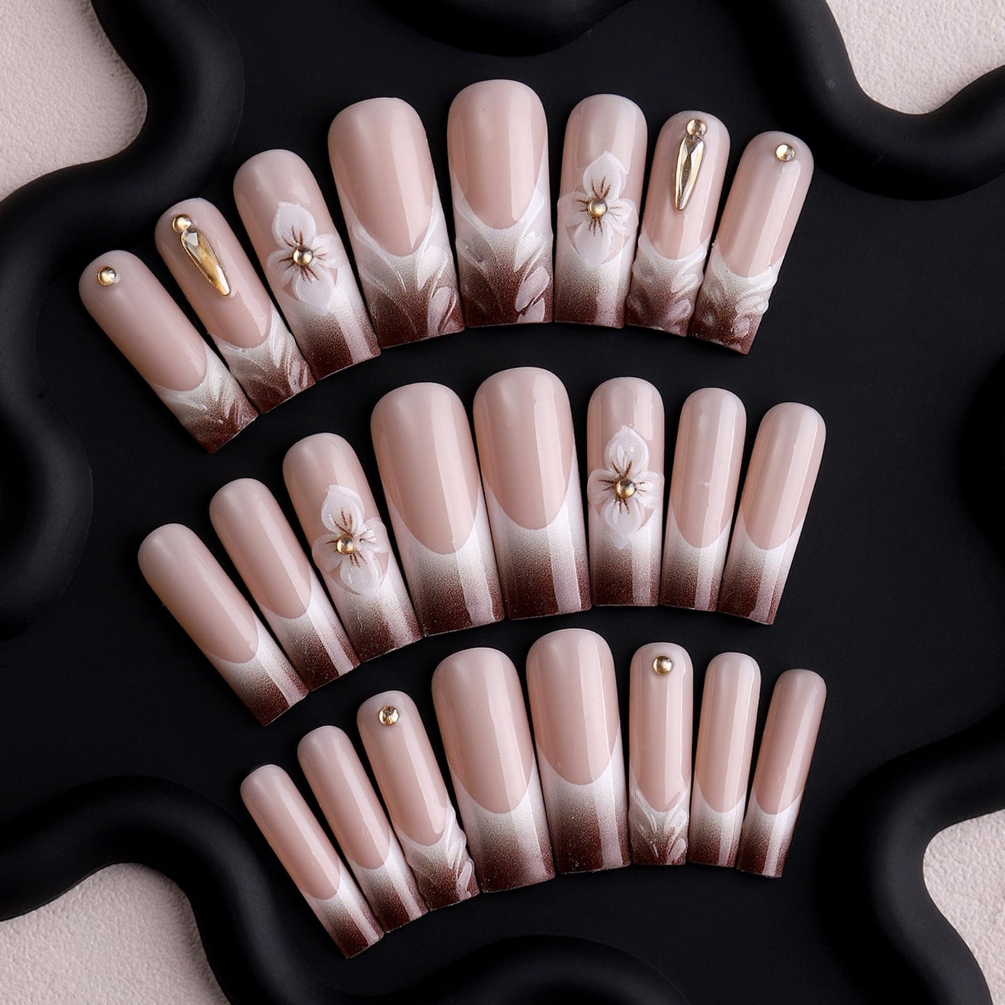 SEENEEY Long Press on Nails Square Fake Nails Brown Artificial Nail 3D Flowers Designs Rhinestones Glitter Stick on Nail for Women 24pcs