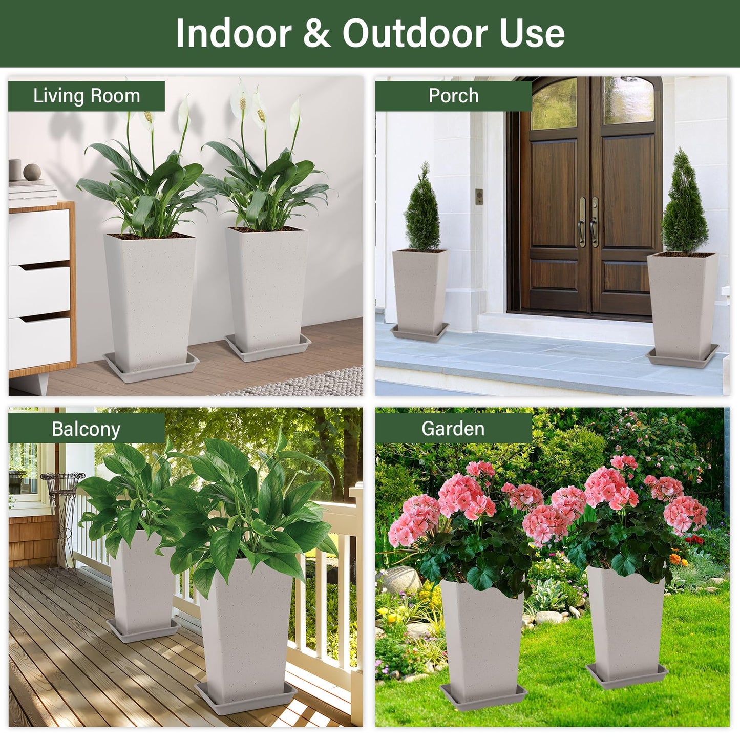 Neoaider Set of 2 Tall Planter, 21 inch Large Plastic Planter with Drain Hole & Saucers, Large Outdoor Planters for Porch, Garden, Patio, Balcony(Light Gray)