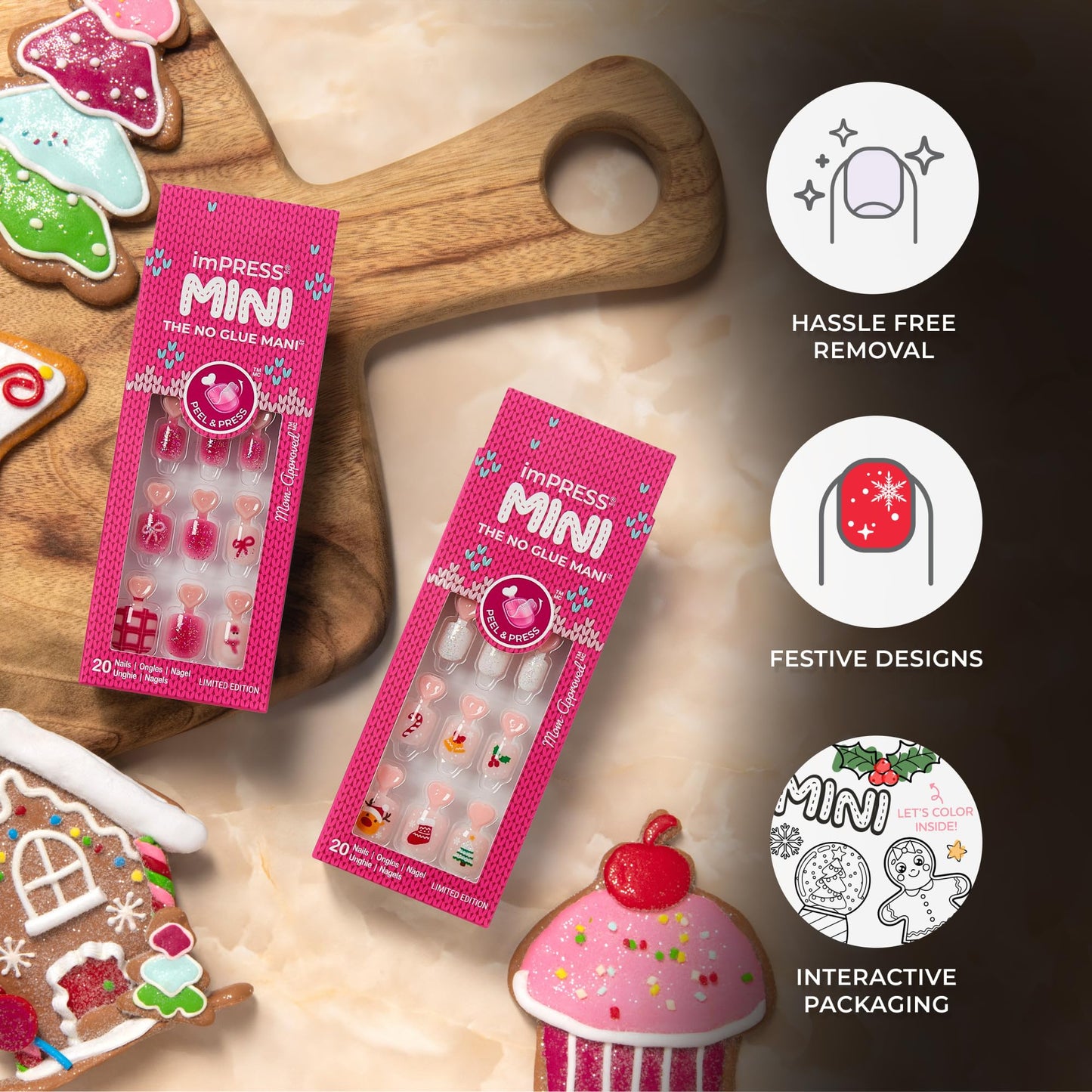 KISS imPRESS MINI Holiday Press On Nails for Kids, ‘Cozy’, Red, Child Size, Squoval Shaped, Mess-Free, Mom Approved, Non-Toxic, Breakaway Application Tabs, Nail File, 20 Fake Nails