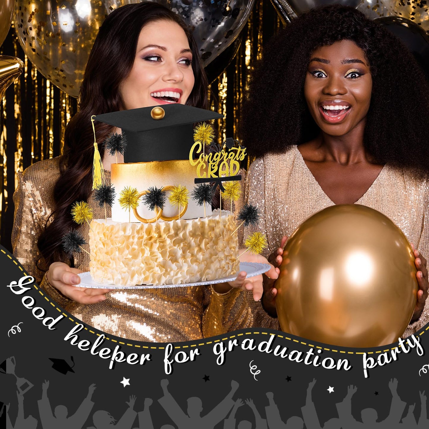 Ctosree 16 Pcs Graduation Cake Kit Graduation Cake Topper Included Felt Graduate Cap with Tassel Firework Cupcake Toppers Grads Cupcake Topper Diploma Decor for Wedding Graduate Party(Black Gold)