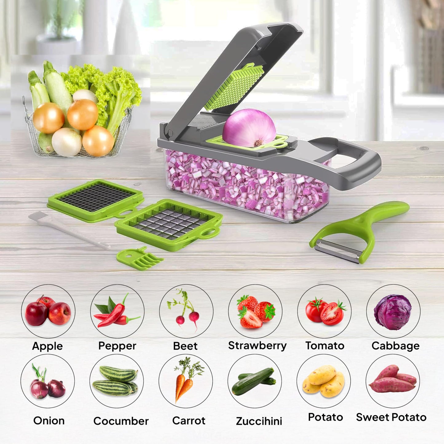 Pro-Series 16-in-1 Vegetable Chopper & Food Chopper with Container - Multi-Blade Cutter, ABS Mandoline Slicer, Fruit Slicer, Onion Chopper, Dicer, Grater, Kitchen Gadgets & Accessories