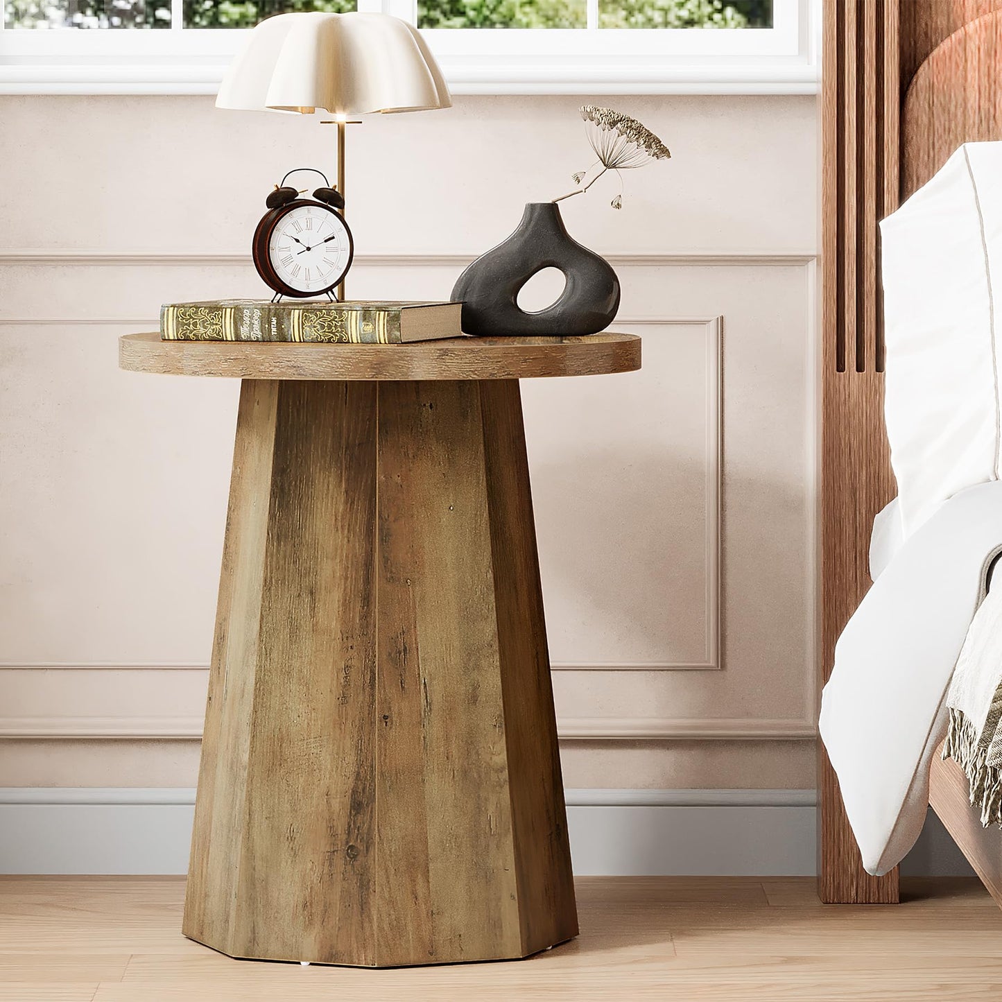 Tribesigns Round Pedestal End Table, Farmhouse Couch Side Table with Octagonal Base, Wooden Drink Stand Accent Nightstand (1, Rustic Brown)