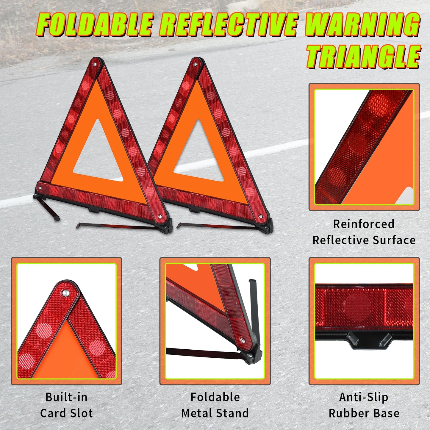 FLKQC Warning Triangles Safety Triangle Emergency Kit, 5 Pack Foldable Reflective Triangles with Base, Roadside Triangle Kit with Case for Vehicles