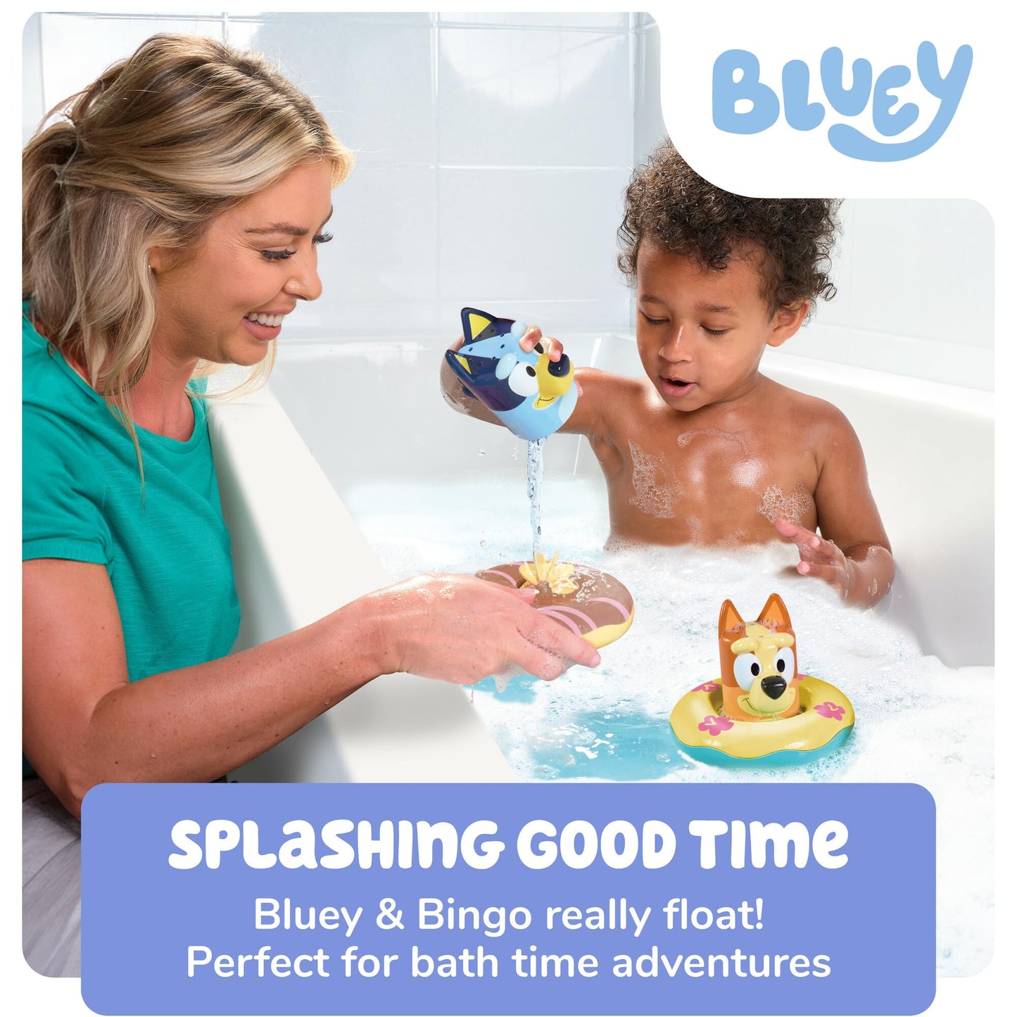 TOMY Toomies Splash & Float Bingo and Bluey Water Toys - 2-in-1 Toddler Bath & Pool Play Set with Pour Cups & Water Wheels - Ages 18 Months+