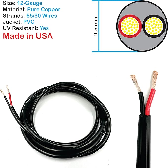 NATIONAL Wire & Cable – 12 AWG 2-Conductor Premium Copper Wire, 25 ft, Stranded | Made in USA, Heavy-Duty Flexible Jacket | Automotive, Solar, Home, RV, Indoor and Outdoor Use