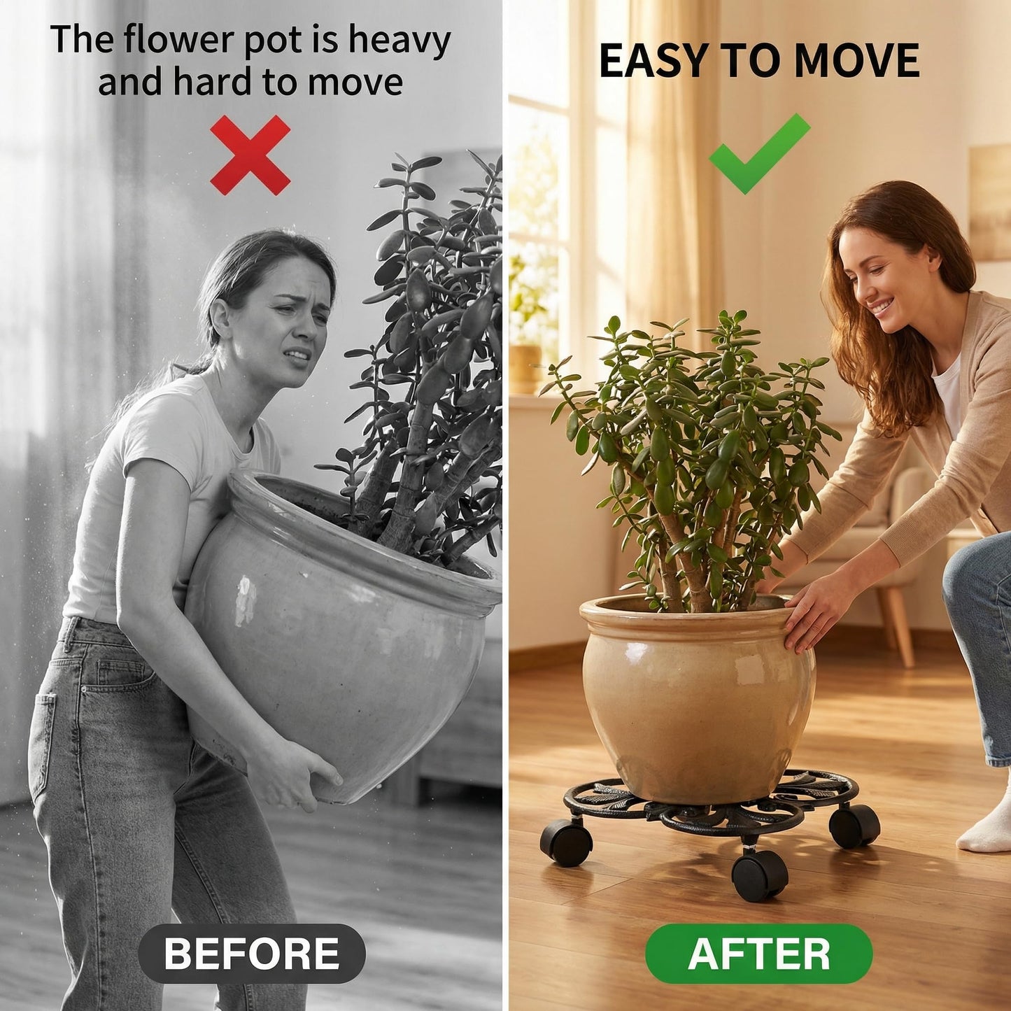 Goaste Cast Iron Plant Caddy, 11" Heavy Duty Plant Stand, Rustic Plant Trolley with 4 Rolling Wheels, Round Planter Holder for Outdoor Indoor, Large Plant Flower Pots, Load Capacity 330 Lbs (Black)