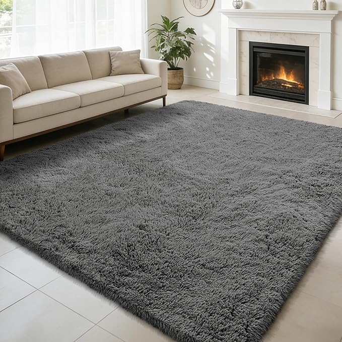 8x10 Fluffy Area Rugs for Living Room,Shag Area Rug for Bedroom,Deep Grey Soft Fuzzy Rug Non-Shedding Indoor Plush Carpet for Kids Bedroom Nursery Home Decor