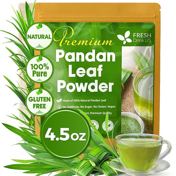 FRESHDRINKUS, Premium 4.5oz Pandan Leaf Powder, 100% Natural and Pure from Pandan Dried Leaves, Emerald Pandan Leaf Powder, Green Food Coloring Powder, No Additives, No Gluten, Vegan.