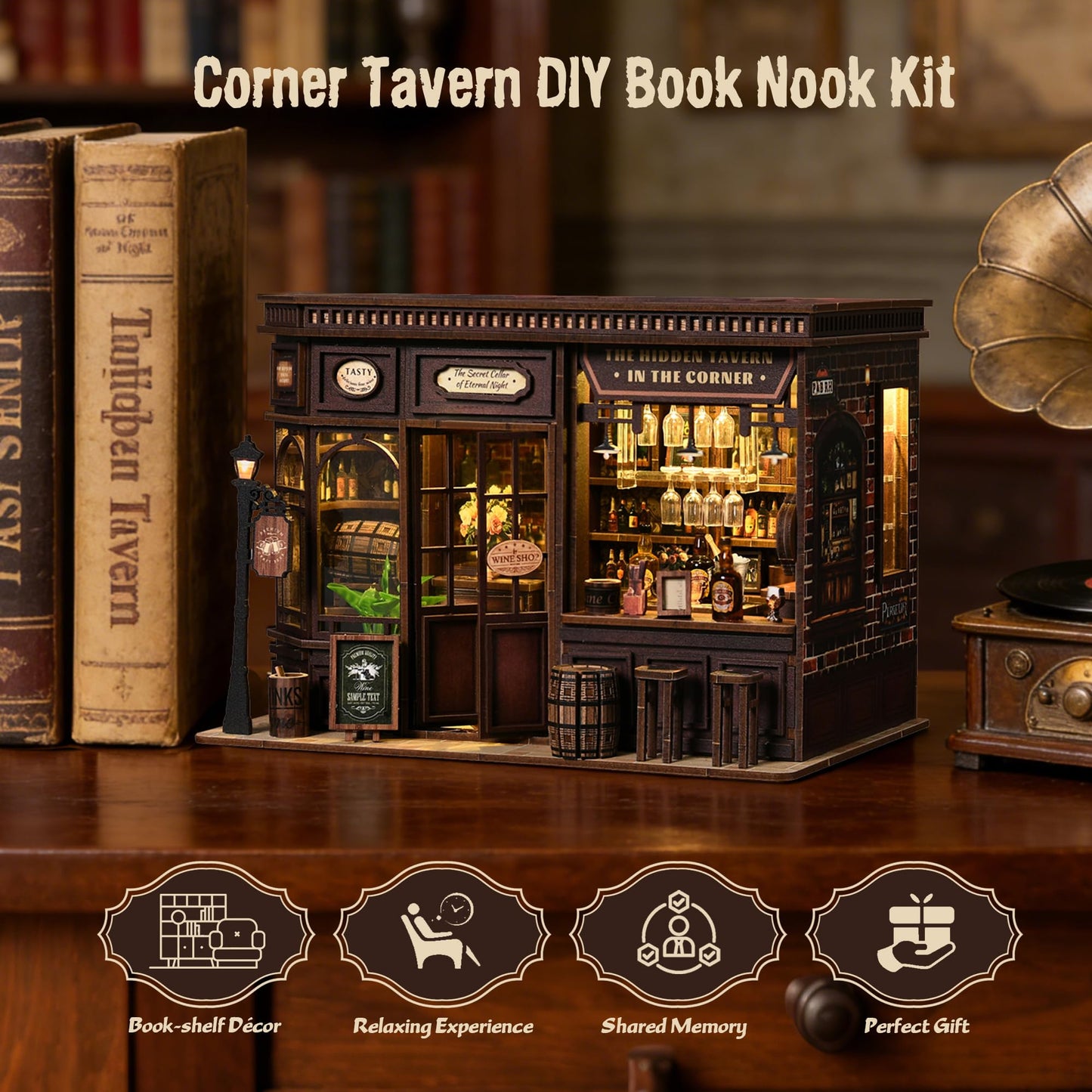 Soothee DIY Book Nook Kit with LED Lights | 3D Puzzles for Adults & Teens, Miniatures and Model Building Kits for Bookshelf Decor, Relaxing & Unique Gift for Craft Lovers | Corner Tavern