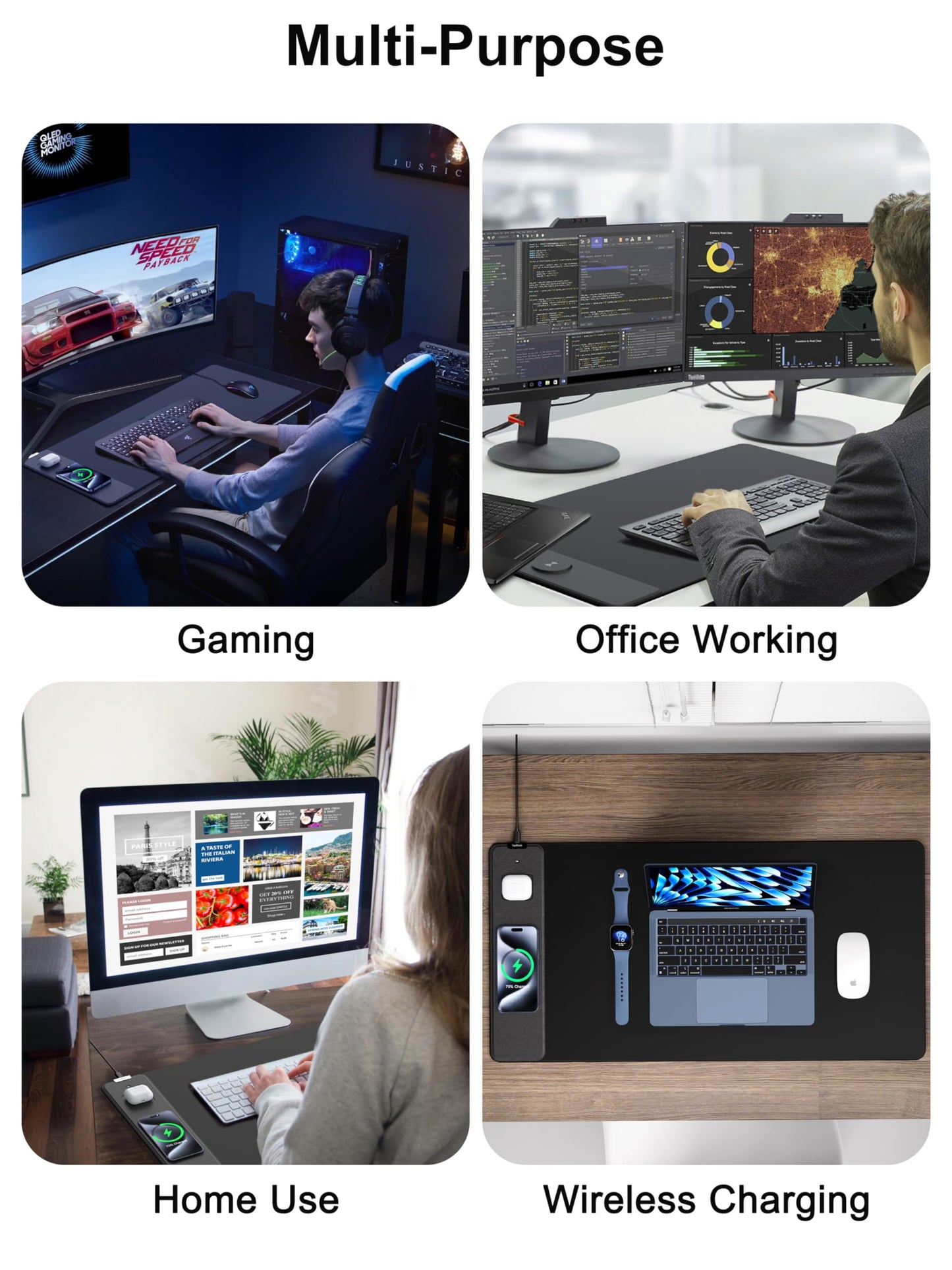 TopMade Wireless Charging Mouse Pad, Gaming Mousepad Home Office Large Desk Pad with Ultra-Smooth Surface, Non-Slip Base, Waterproof Keyboard Mat (Includes 20W PD Power Adapter & 6.56ft Woven Cable)