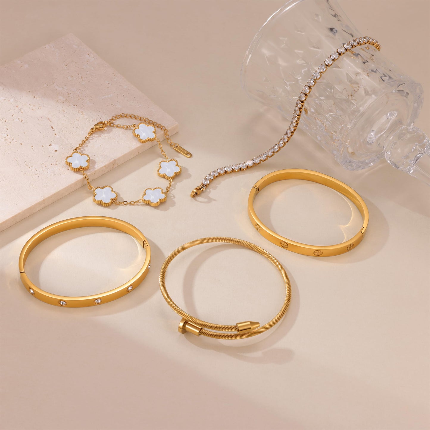 RIVOWMKI 18K Gold Plated Bracelet Set for Women, Sparkling CZ Bangle Adjustable Tennis Bracelet, Stackable Clover Jewelry, Non Tarnish Non Fade Long Lasting Shine for Client Meeting Afternoon Tea