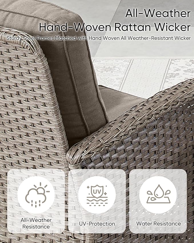 HUMMUH 6 Pieces Outdoor Patio Furniture-PE Rattan Wicker Sofa with Patio Swivel Rocking Chairs Patio Furniture for Deck Lawn Porch Balcony Poolside-Grey/Grey