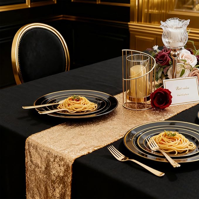 100Pcs Black Plastic Dessert Plates, Disposable Salad Plate with Gold Rim, Premium Hard Fancy Small Plates, Heavy Duty Plastic Cakes Plates for Party, Wedding and Birthday