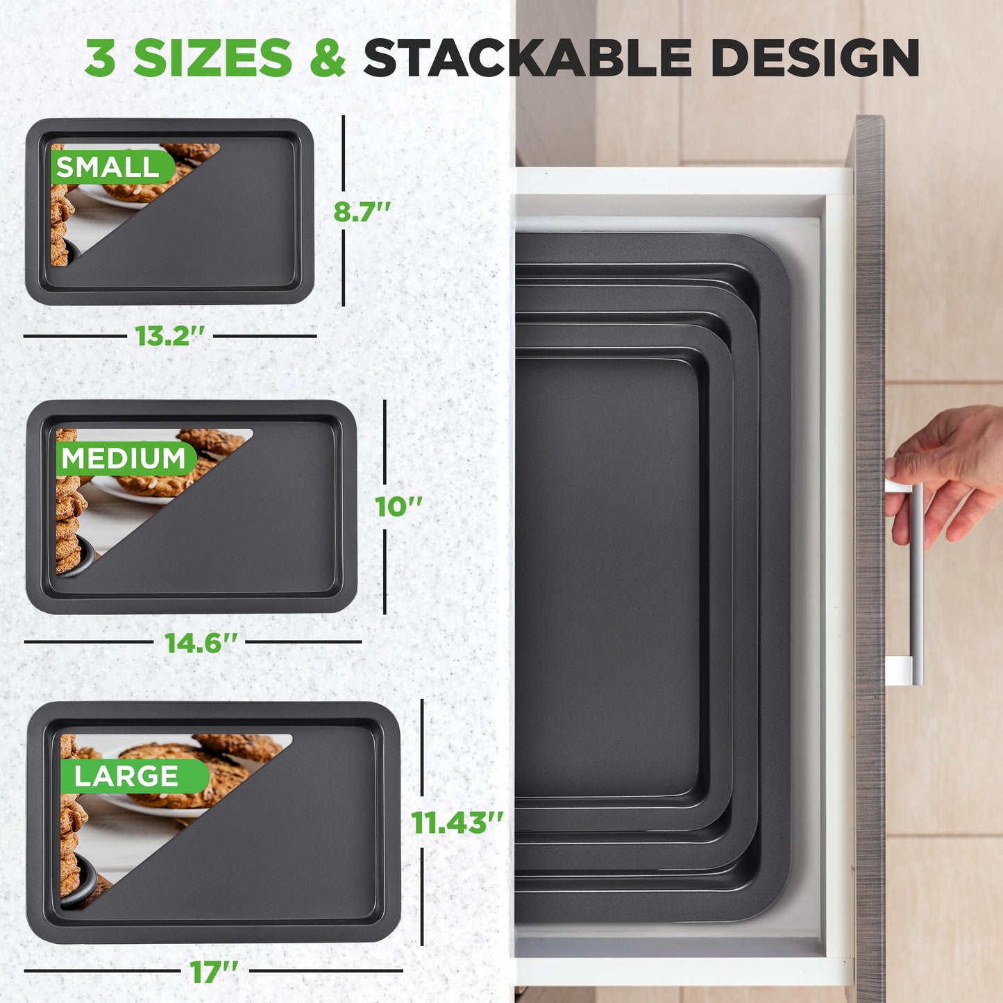 NutriChef 3-Piece Nonstick Baking Sheet Set – Non-Toxic Cookie Sheets for Everyday Baking – Small, Medium & Large Oven Safe Bakeware Trays – Warp-Resistant, Easy to Clean & Dishwasher Safe
