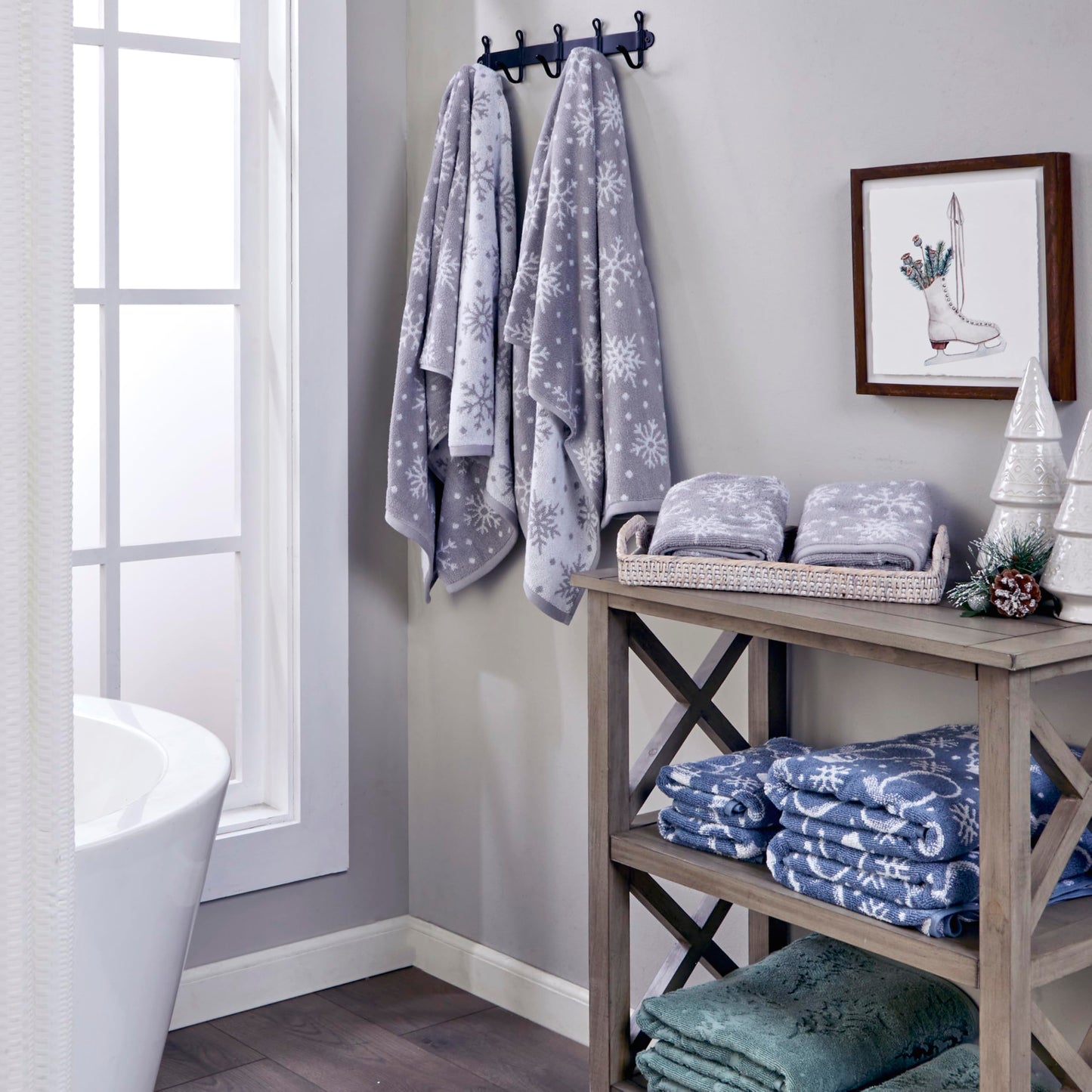 SKL Home Winter/Christmas Scattered Snowflakes Hand Towel 2pc Set for Bath/Kitchen/Bar & Gift, Gray