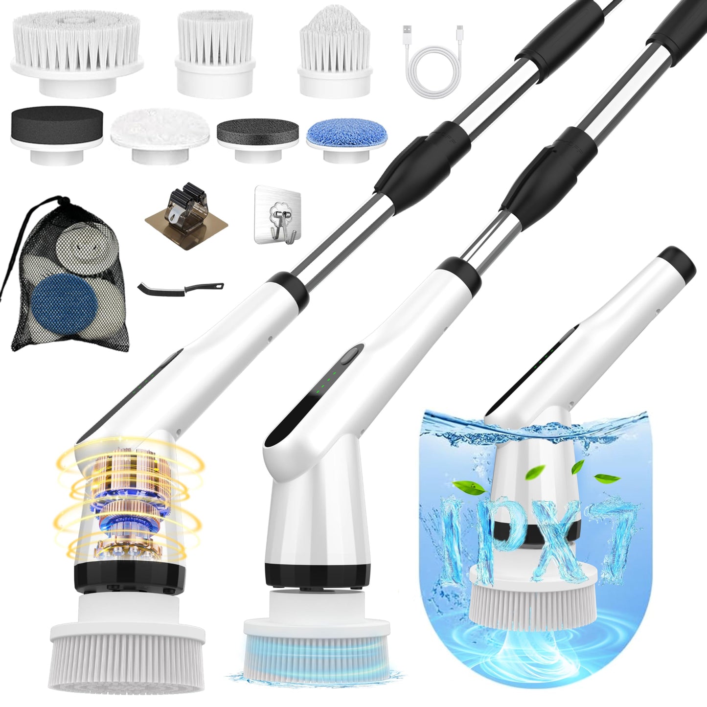 Electric Spin Scrubber, Dreazu IPX7 Shower Scrubber with 7 Replaceable Brush Heads & Retractable Handle, 2-Speed Adjustable Shower Cleaner for Bathroom,Toilet, Bathtub, Kitchen, Tile Floors