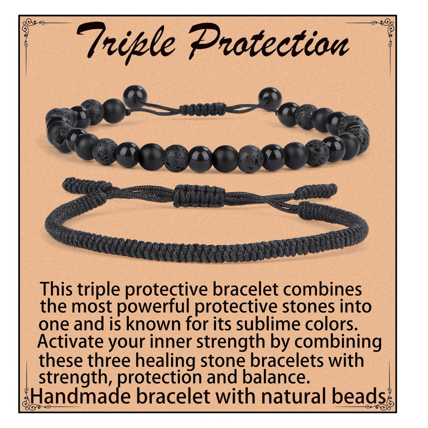 LPBeads 6mm Onyx Lava Obsidian Mixed stone Bracelet with Handmade Rope Bracelet Size Adjustable Natural Stone Crystal Healing Bracelets Gifts for Unisex Adults