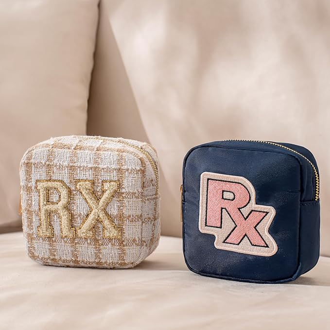Small Medicine Bag for Travel, Personalized RX Chenille Letters Checkered Pouch for Women and Girls, Cute Meds Drug Makeup Bags with Zipper (01Beige Checkered)