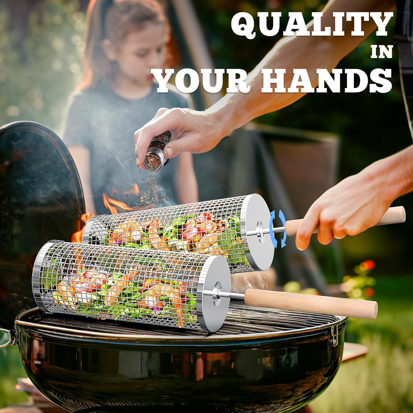ivtivfu Rolling Grill Basket, Removable Wooden Handle, 304 Stainless Steel, Nesting BBQ Tools, Smoker Grilling Accessories for Vegetable, Outdoor Cooking Camping, Birthday Gifts for Men Dad Husband
