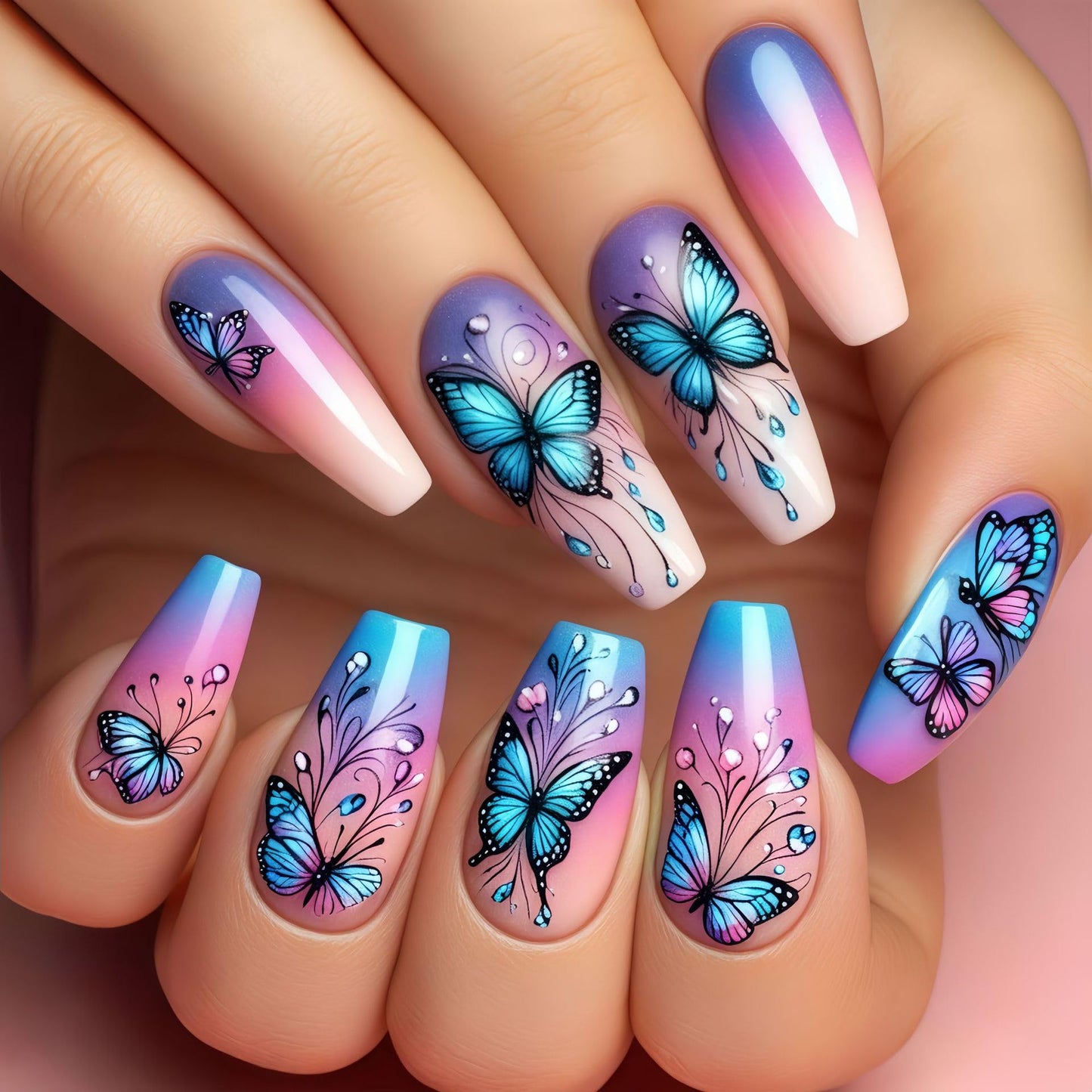 Spring press-on nails long ballet false nails with blue butterfly pattern false nails blue gradient cute leaves acrylic nails summer women's nail decoration 24 pieces