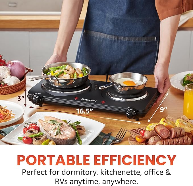 Elite Gourmet EDB-302BF# Countertop Double Cast Iron Burner, 1500 Watts Electric Hot Plate, Temperature Controls, Power Indicator Lights, Easy to Clean, Black