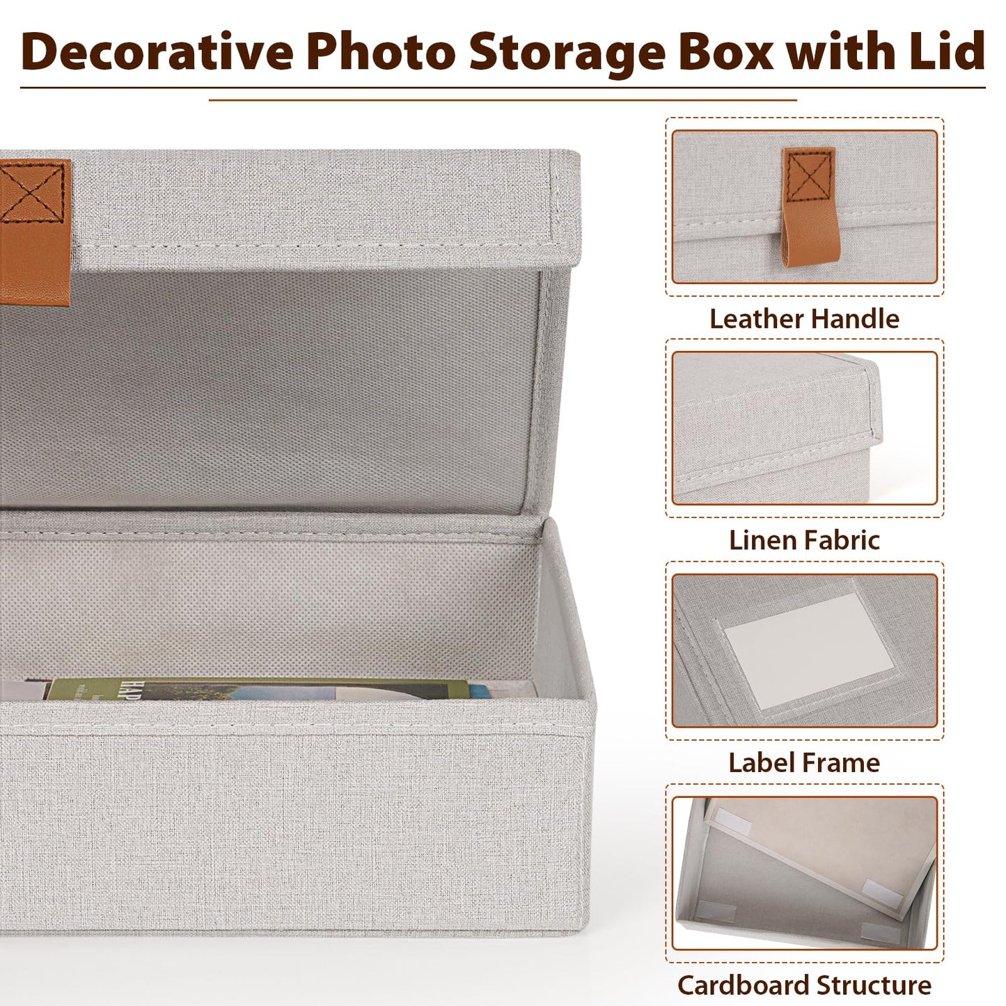 Flenpptly Decorative Photo Storage Box, Photo Boxes Storage with Lids Keepsake Box to Store Pictures, Envelope, Scrapbook Supplies Comes with Business Card Frame to Mark (Small)