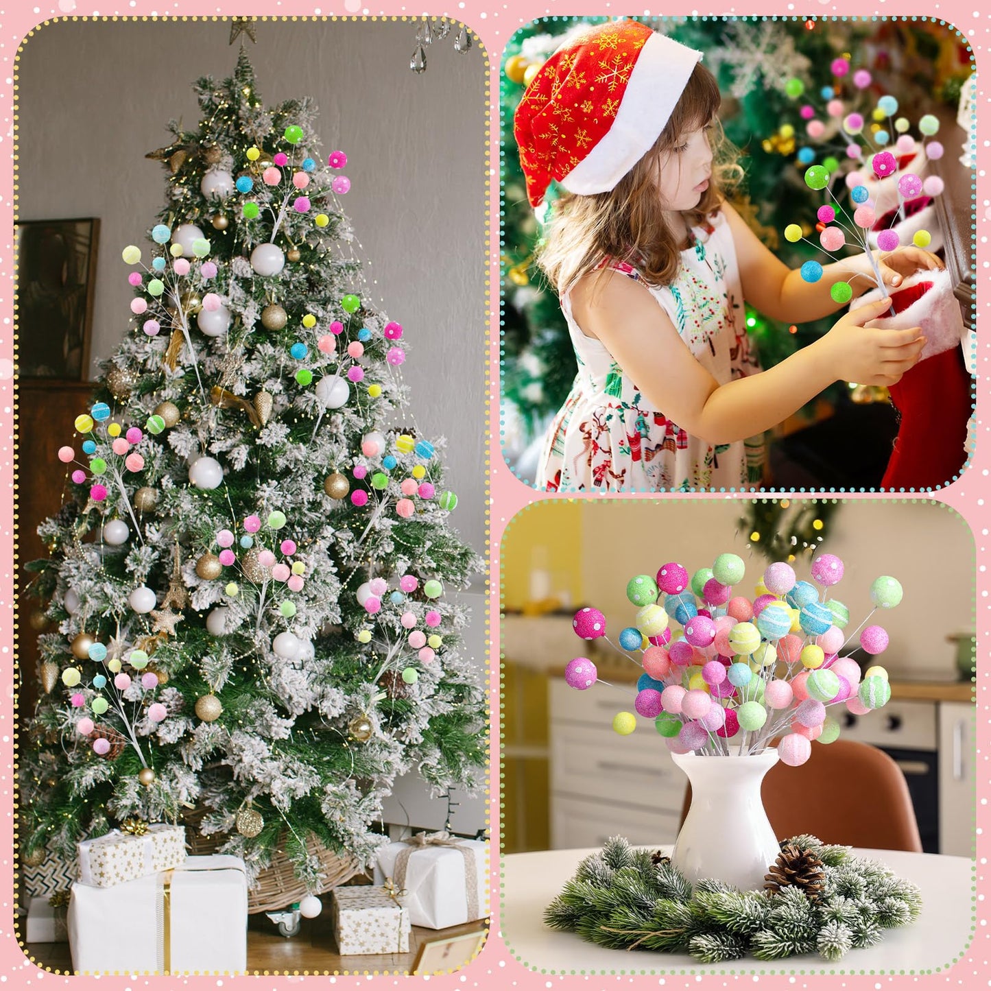 Janinka 8 Pcs Christmas Picks Pastel Christmas Candy Decorations Lollipop Macaron Xmas Tree Picks Xmas Tree Topper Glowing Fur Ball for Vase Fillers DIY Crafts Displays Home New Year