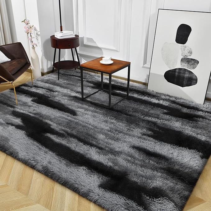 TWINNIS Super Soft Shaggy Rugs Fluffy Carpets, 6x9 Feet, Indoor Modern Plush Area Rugs for Living Room Bedroom Kids Room Nursery Home Decor, Upgrade Anti-Skid Rectangular Fuzzy Rug, Black Gray