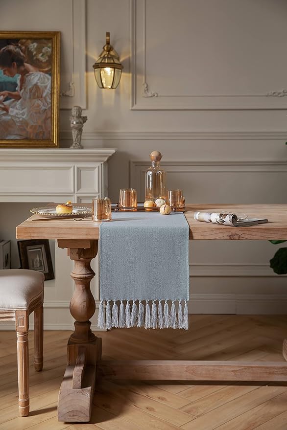 ZeeMart Dusty Blue Table Runners 60 Inches Long, Burlap Linen Style Rustic Farmhouse Table Runner, Boho Woven Dining Table Runner, 13x60 Inches, Light Dusty Blue