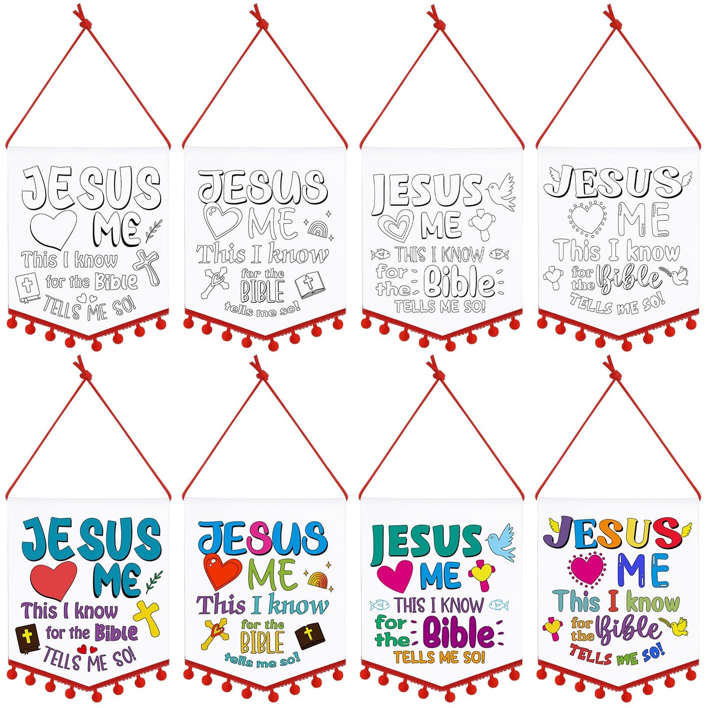 VitalCozy 24 Sets First Communion Banner Kit Sunday School Christian Crafts for Kids Color Your Own Religious Banners for Kids DIY Jesus Loves Me Banners, Sunday School Party Favor Game Activities