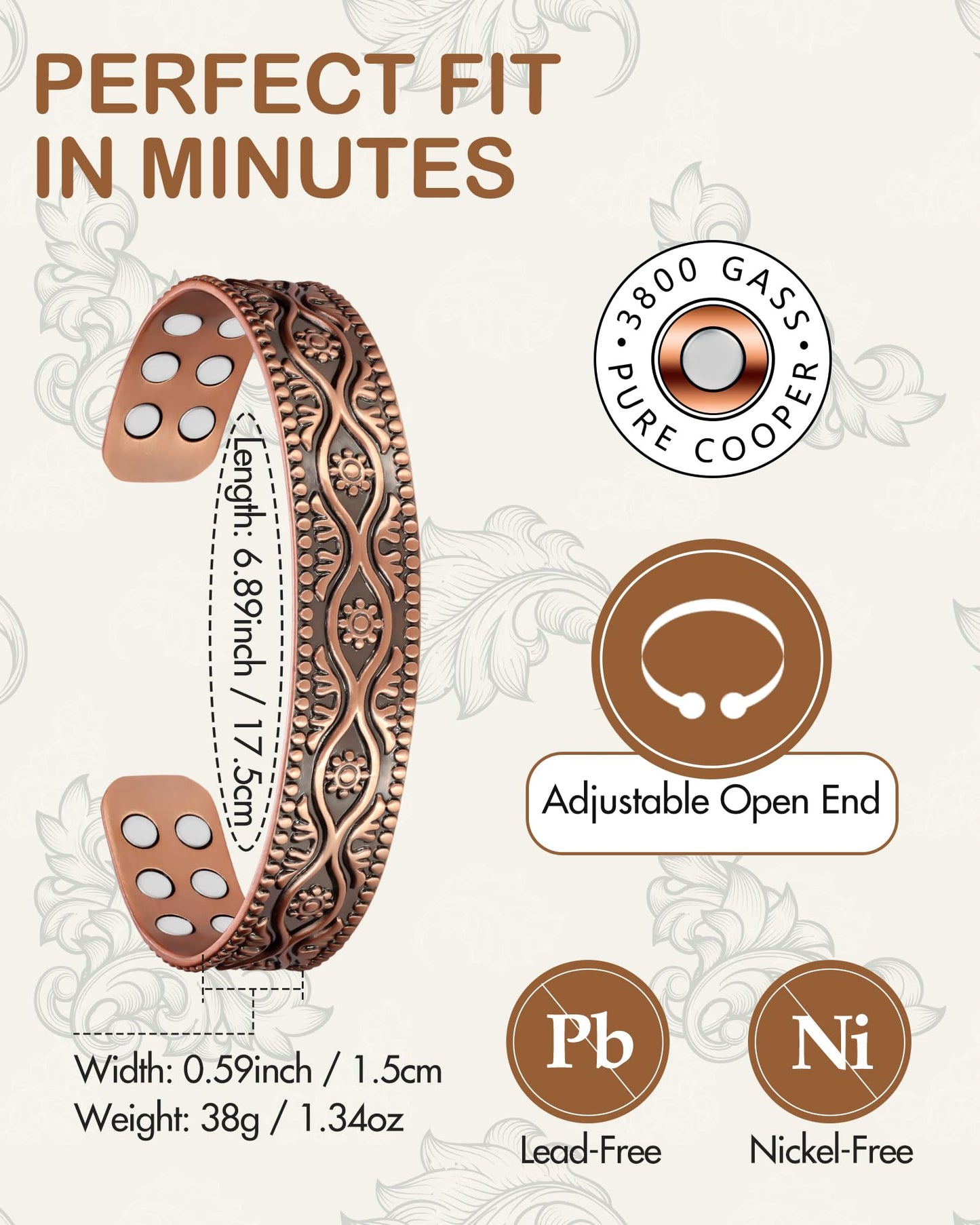 Feraco Pure Copper Bracelet for Men, 18X Ultra Strength Magnetic Bracelets for Men with 3800 Gauss Neodymium Magnets, Adjustable (Evil Eye)